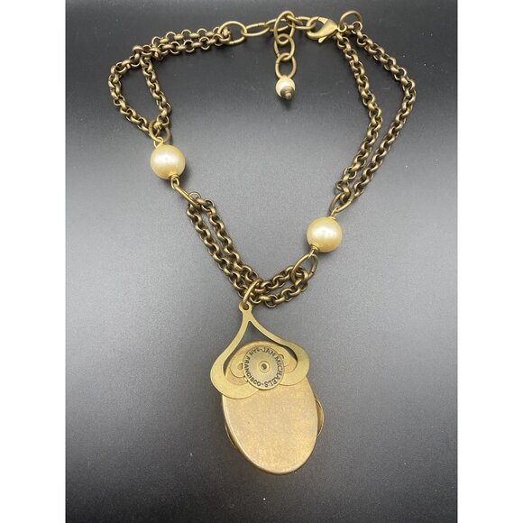 Signed Jan Michaels Art Nouveau Necklace Gold Brass Tone Caged Pearl Rolo Chain - Picture 4 of 8